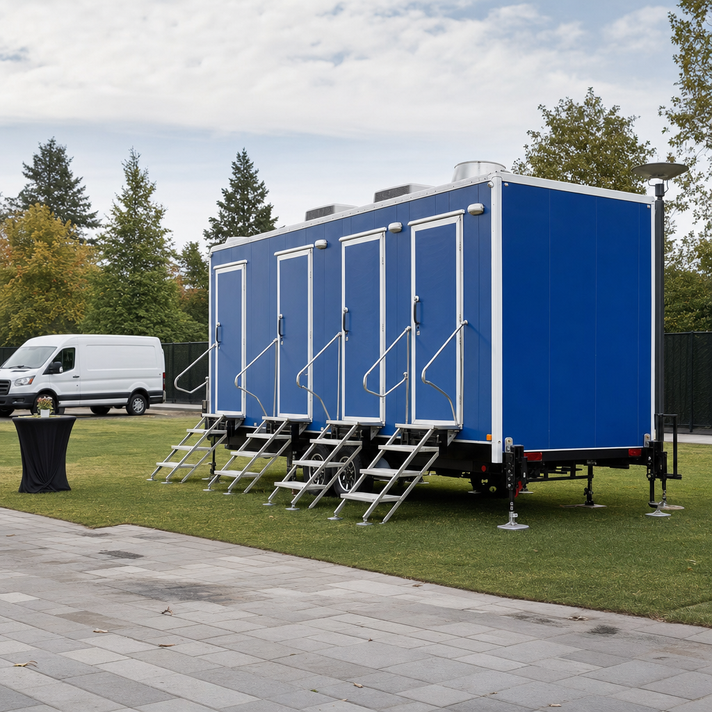 White luxury restroom trailer leveled on stabilizer jacks with fold down stairs at an outdoor concert VIP area