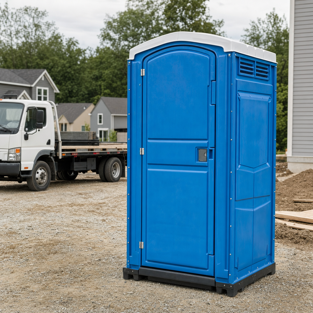 Delivery driver positioning a clean royal-blue portable toilet on level ground at a Parma worksite