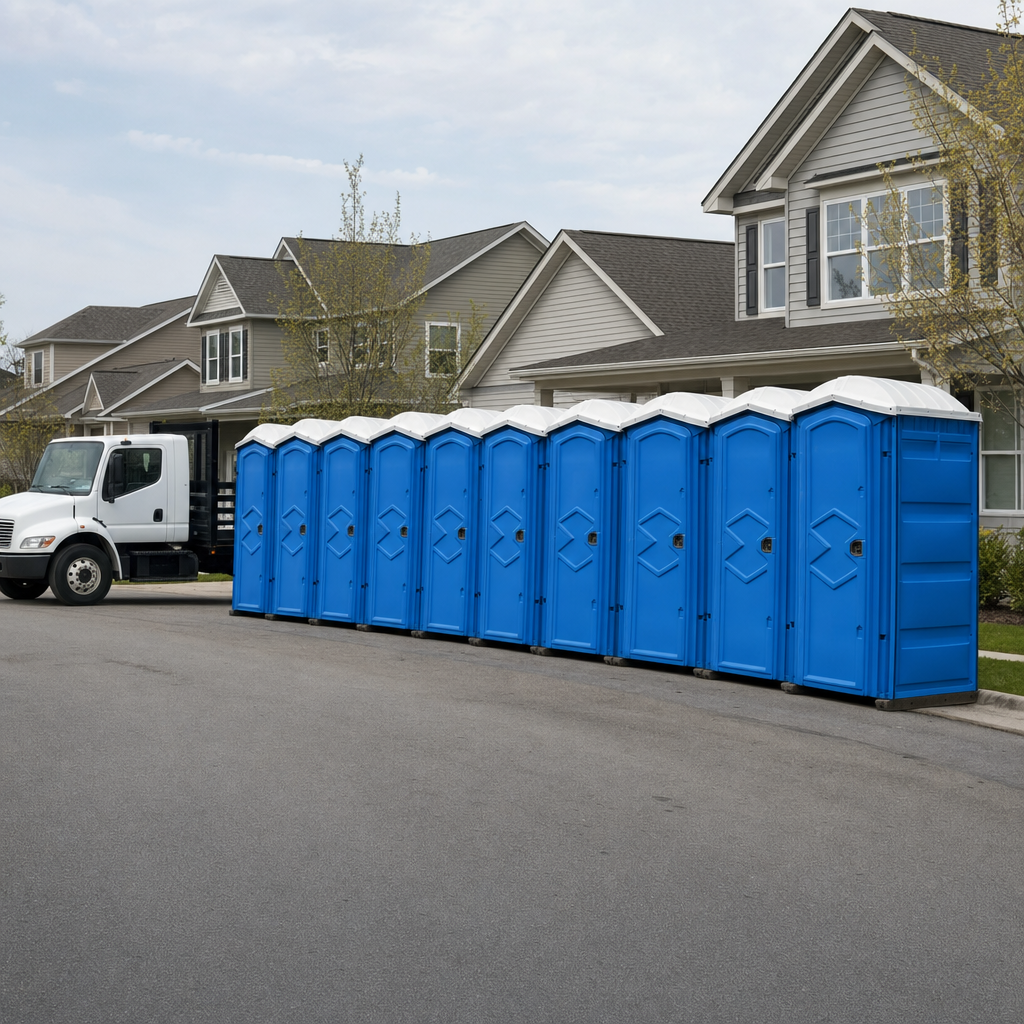 Royal blue portable toilets staged in a tidy row at a Parma jobsite, ready for delivery