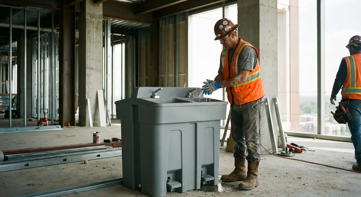 A dual-basin hand wash station positioned on a concrete floor of a high-rise construction site with the city skyline visible through open steel framing. in Parma, OH