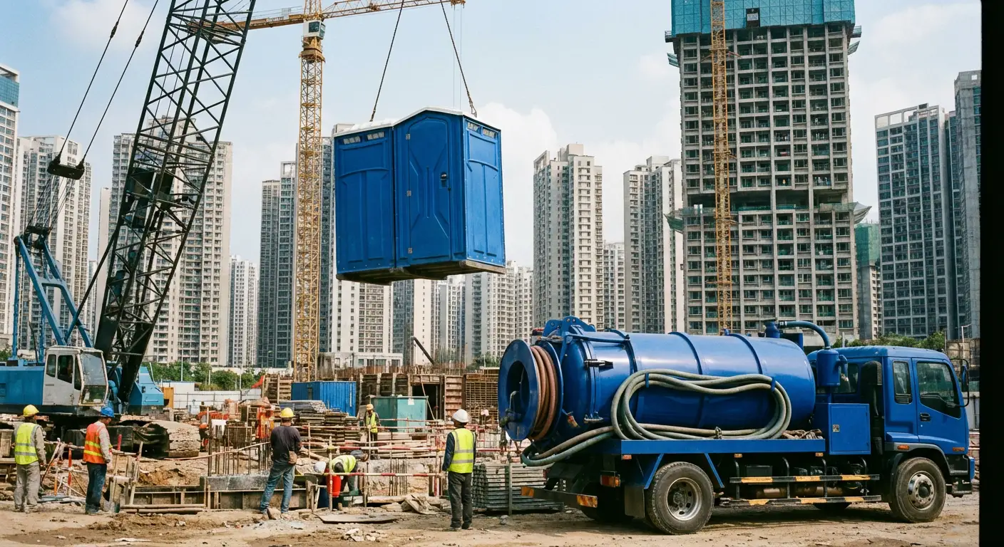 A High-Rise Crane Liftable Toilet unit suspended in mid-air by a crane against a city skyline during the day, showcasing the steel sling attachment. in Parma, OH