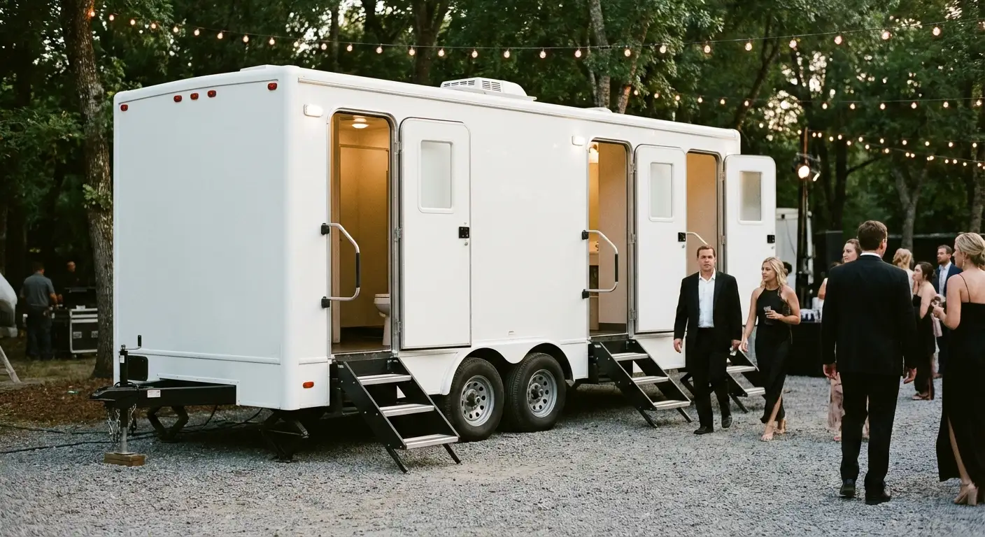 Exterior of a Luxury Restroom Trailer at an evening event, warm lighting spilling from the door, positioned discreetly near a manicured lawn. in Parma, OH