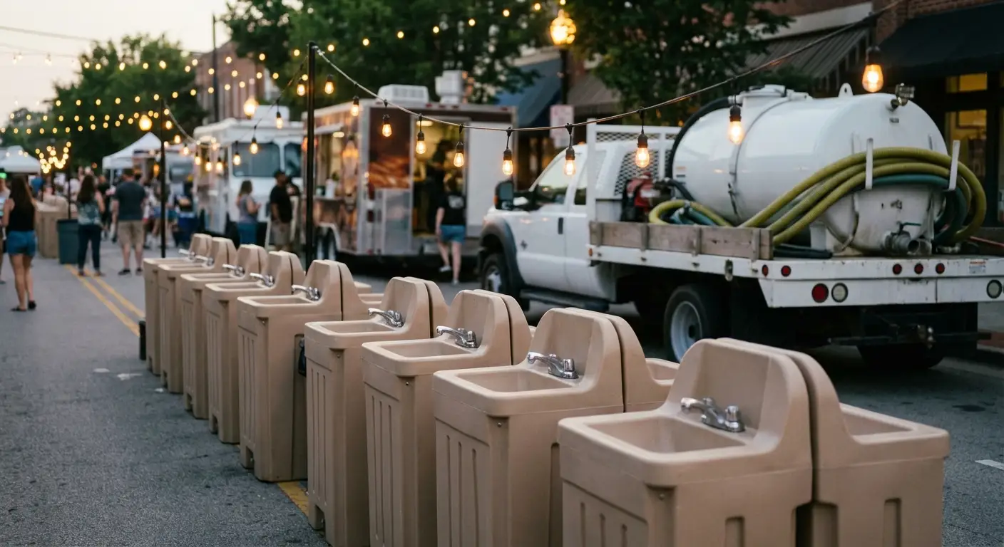 A row of clean, grey portable hand wash stations set up on pavement near food trucks, with blurred festival lights and crowd in the background. in Parma, OH