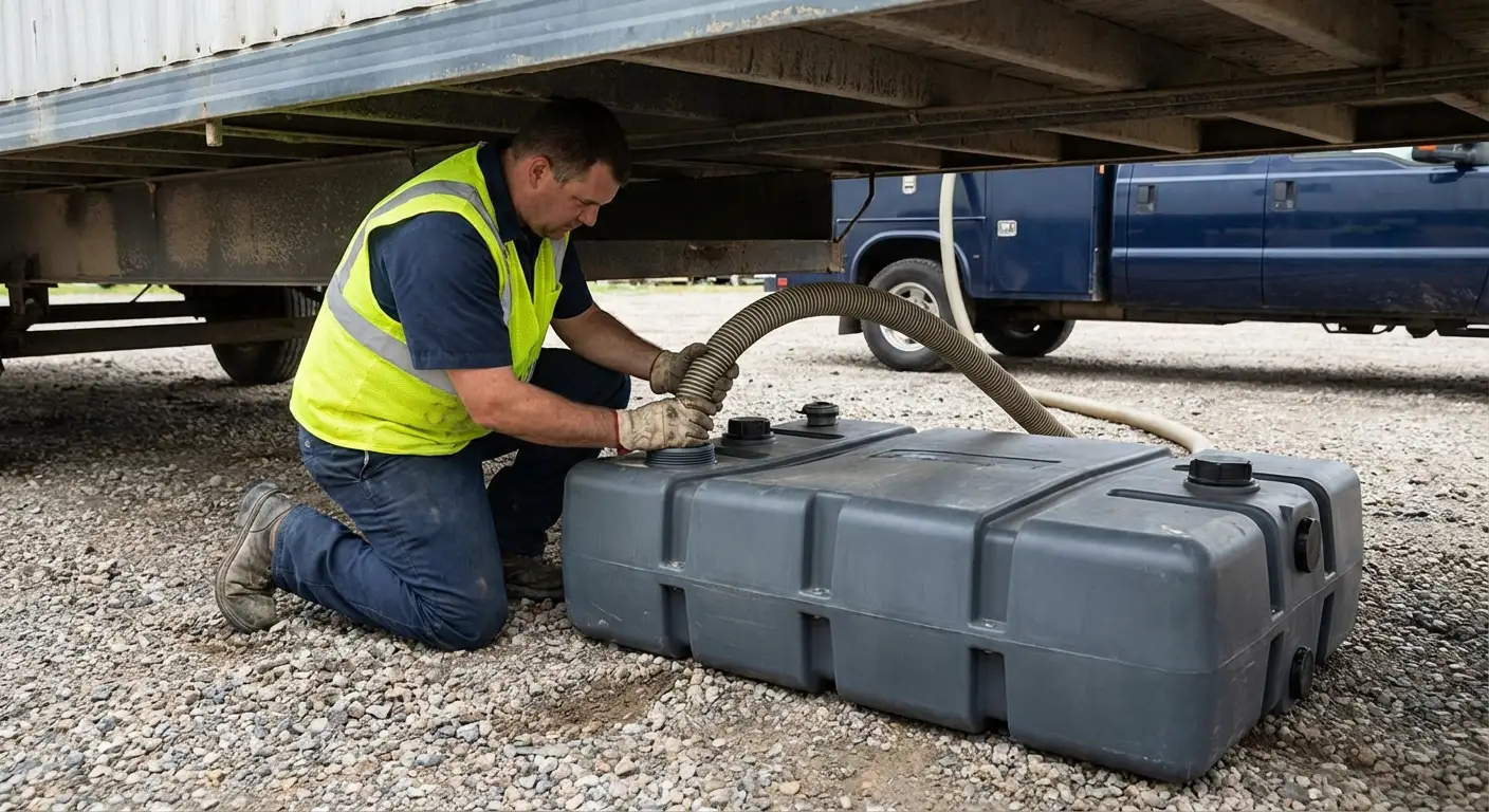 Ridgewood Portable Sanitation vacuum truck servicing a waste holding tank at a construction site in Parma, OH