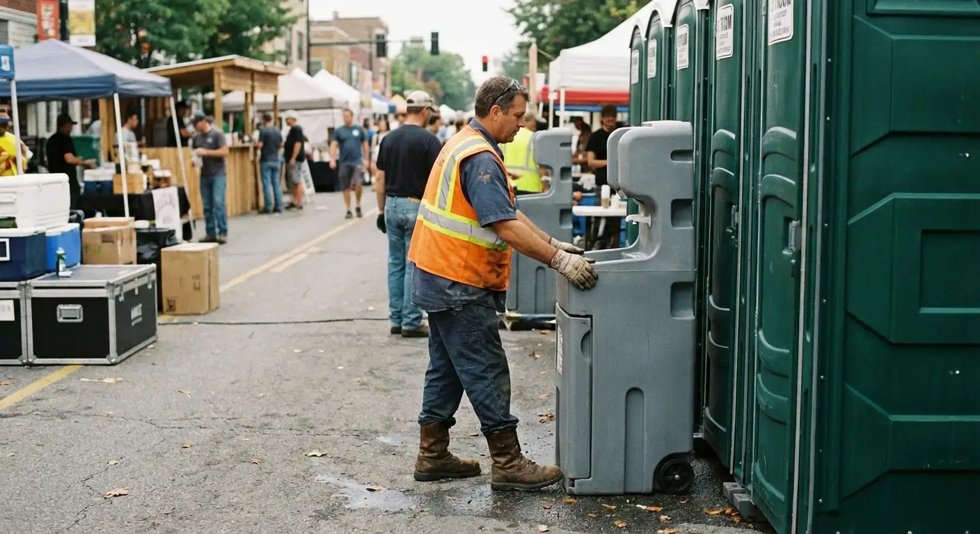 A row of pristine Special Event Portable Restrooms and hand wash stations lined up along a festival barrier with blurred crowds in the background. in Parma, OH