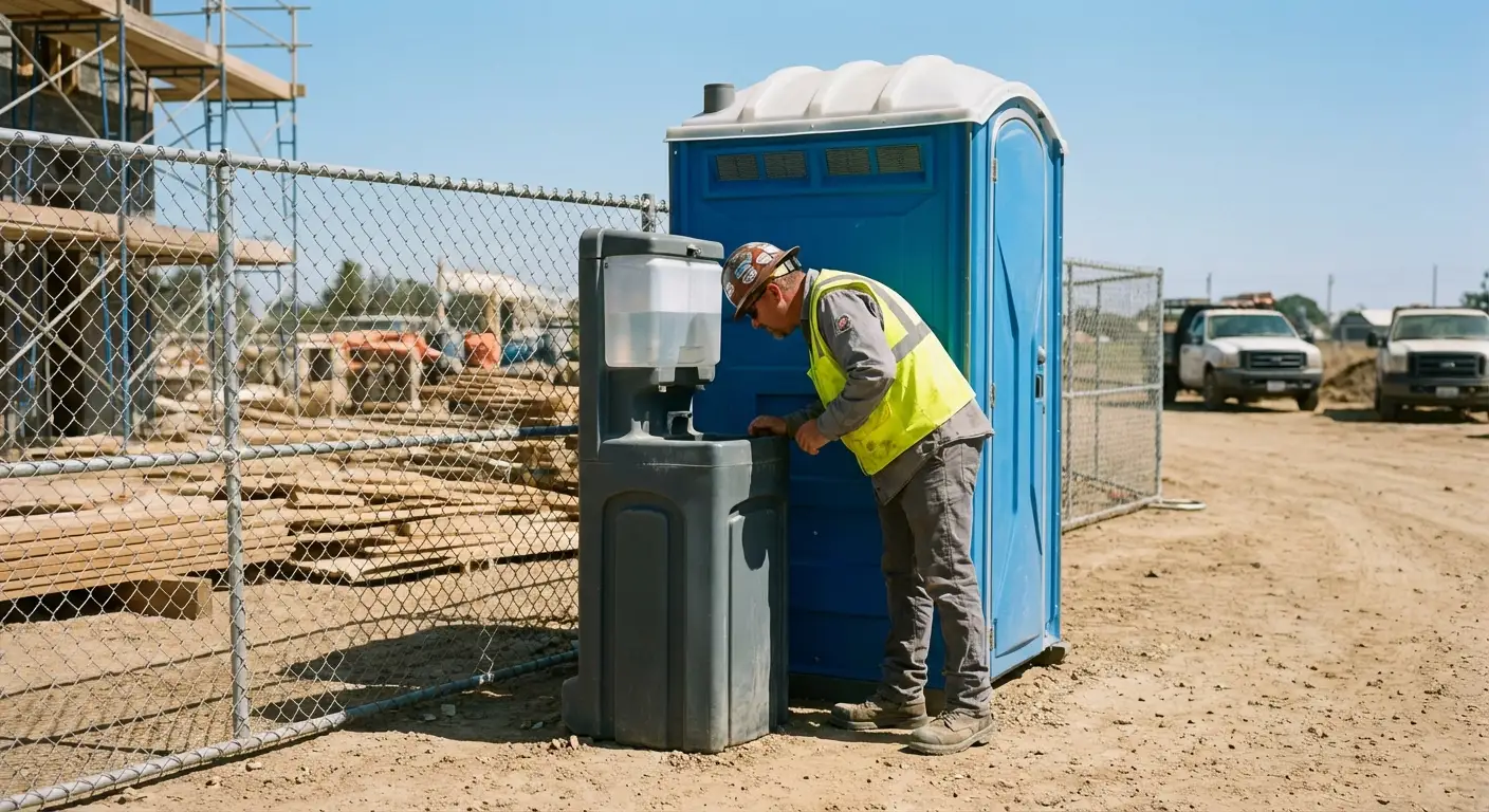 A close-up view of a portable hand wash station next to a portable toilet on a dirt construction site, focusing on the foot pump mechanism. in Parma, OH